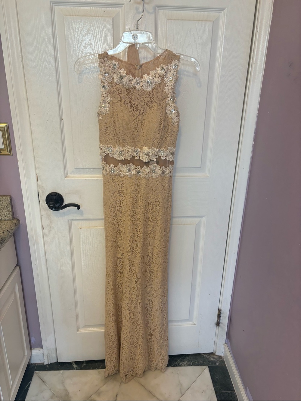 Tan Lace Evening Gown in Champagne - size XS